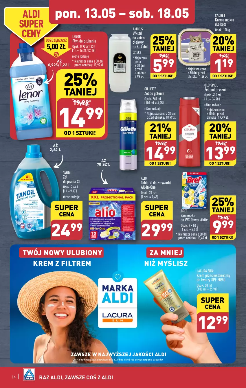 Gazetka promocyjna Aldi - Pełna oferta - ważna 13.05 do 18.05.2024 - strona 14 - produkty: Bref, Gillette, Lenor, Old Spice, Olej, Płyn do płukania, Tablet, Tabletki do zmywarki, Zawieszka do wc, Zmywarki, Znicz