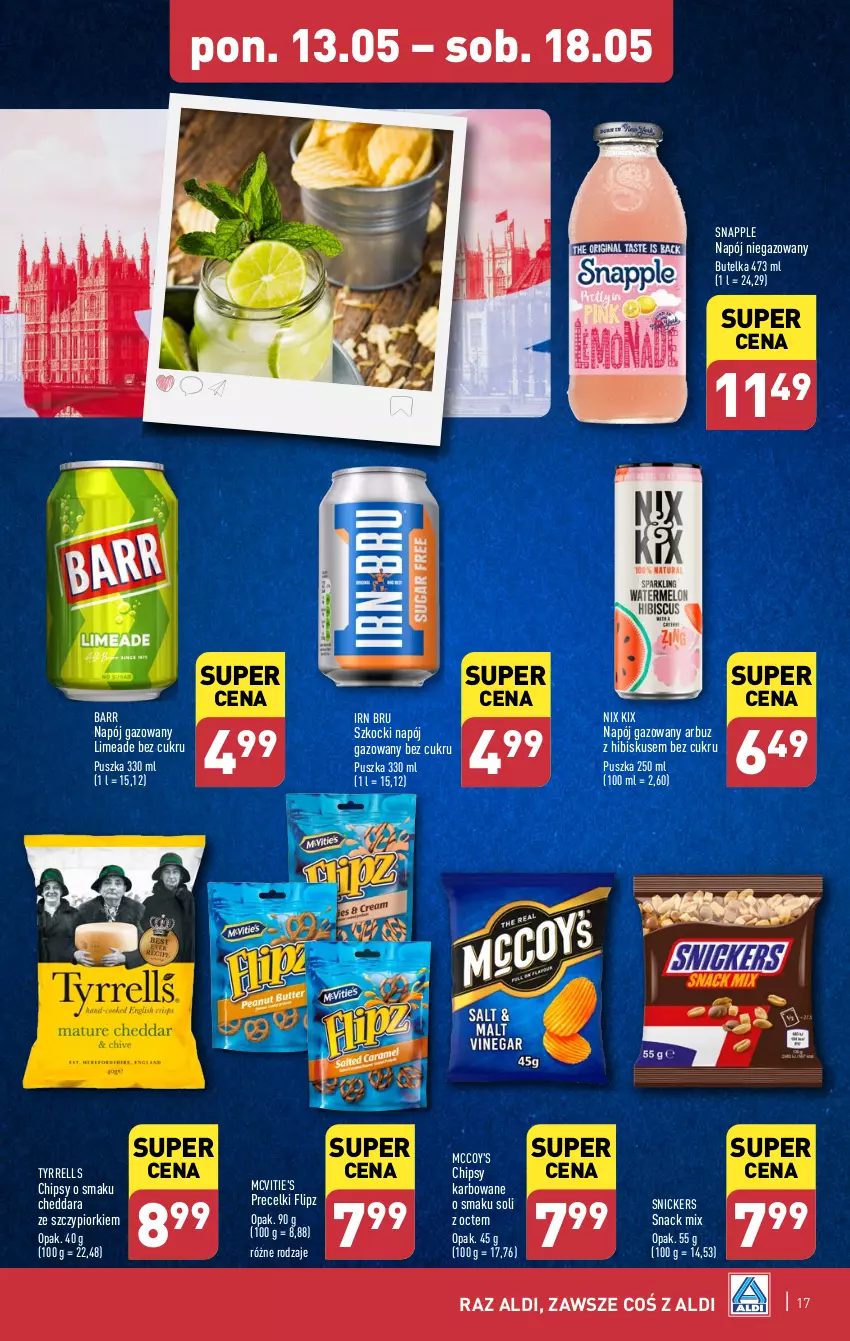 Gazetka promocyjna Aldi - Pełna oferta - ważna 13.05 do 18.05.2024 - strona 17 - produkty: Arbuz, Cheddar, Chipsy, Hibiskus, Koc, Napój, Napój gazowany, Napój niegazowany, Precelki, Snickers