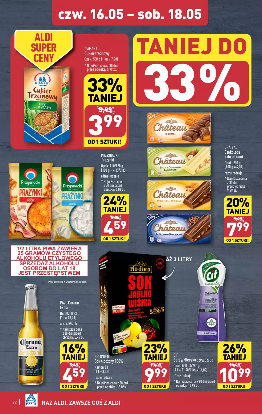 Gazetka promocyjna Aldi - Pełna oferta - ważna 13.05 do 18.05.2024 - strona 22 - produkty: Cif, Corona Extra, Cukier, Cukier trzcinowy, Czekolada, Diamant, Gra, Mleczko, Piwa, Piwo, Przysnacki, Sok