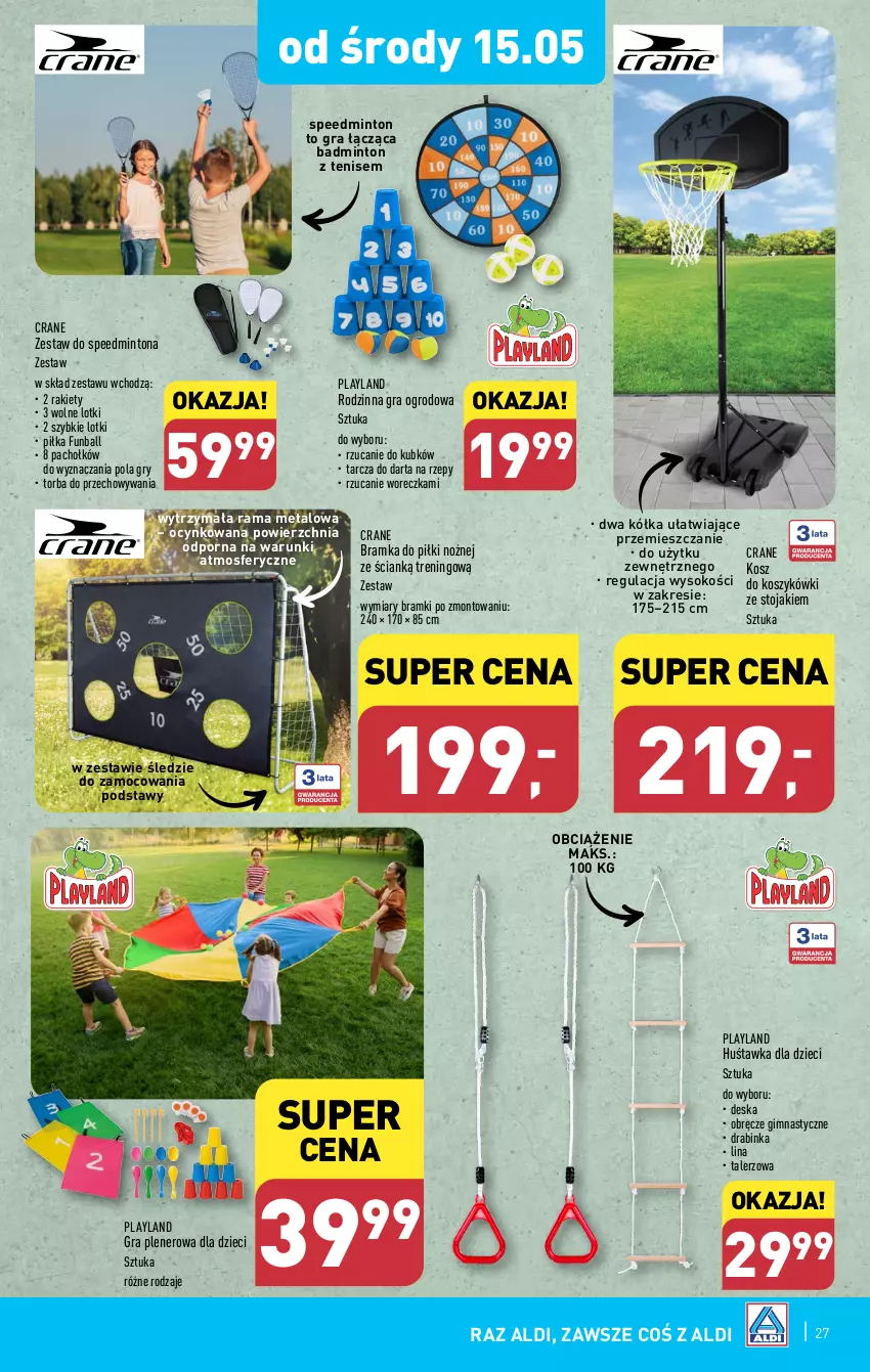 Gazetka promocyjna Aldi - Pełna oferta - ważna 13.05 do 18.05.2024 - strona 27 - produkty: Bramka, Cynk, Dzieci, Gra, Gry, Huśtawka, Inka, Kosz, NBA, Noż, Por, Rama, Ramka, Sok, Stojak, Talerz, Torba