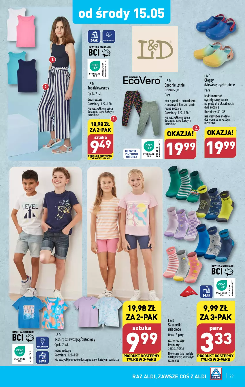 Gazetka promocyjna Aldi - Pełna oferta - ważna 13.05 do 18.05.2024 - strona 29 - produkty: Clogsy, Dzieci, Karp, Pasek, Skarpetki, Spodnie, T-shirt, Top, Wełna