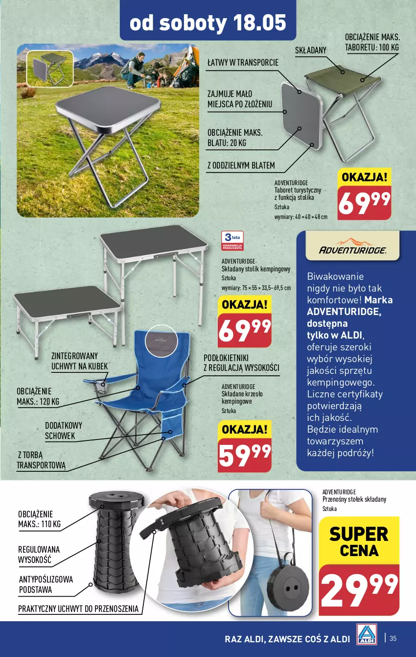 Gazetka promocyjna Aldi - Pełna oferta - ważna 13.05 do 18.05.2024 - strona 35 - produkty: Krzesło, Kubek, Por, Sok, Sport, Stołek, Stolik, Taboret, Tran