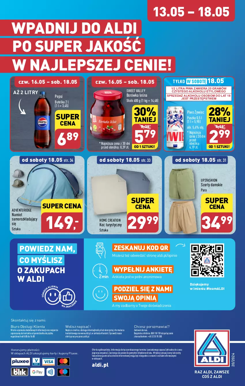 Gazetka promocyjna Aldi - Pełna oferta - ważna 13.05 do 18.05.2024 - strona 40 - produkty: Biuro, Borówka, Fa, Gra, Koc, Namiot, O nas, Pepsi, Piwa, Piwo, Por, Szorty