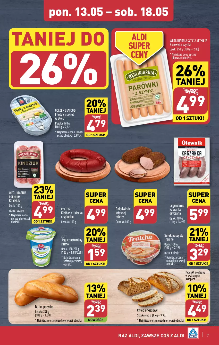 Gazetka promocyjna Aldi - Pełna oferta - ważna 13.05 do 18.05.2024 - strona 7 - produkty: Bułka, Chleb, Gin, Golden Seafood, Gry, Jogurt, Jogurt naturalny, Kasza, Kaszanka, Kiełbasa, Kindziuk, Olej, Parówki, Parówki z szynki, Robot, Ser, Serek, Serek puszysty, Zott