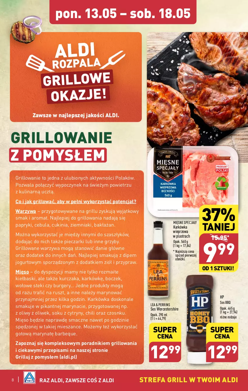 Gazetka promocyjna Aldi - Pełna oferta - ważna 13.05 do 18.05.2024 - strona 8 - produkty: Boczek, Burger, Cebula, Cytryny, Fa, Grill, Grzyby, HP, Jogurt, Karkówka wieprzowa, Kurczak, Mięsne specjały, Mięso, Piec, Por, Sok, Sos, Stek, Warzywa, Ziemniaki