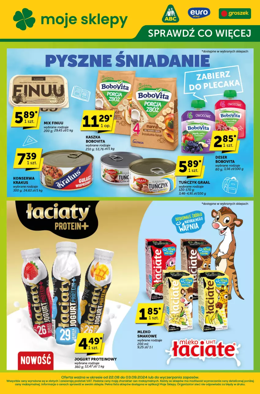 Gazetka promocyjna ABC - ważna 22.08 do 03.09.2024 - strona 1 - produkty: BoboVita, Deser, Finuu, Gra, Graal, Jogurt, Krakus, Mleko, Mleko smakowe, Ser, Tuńczyk