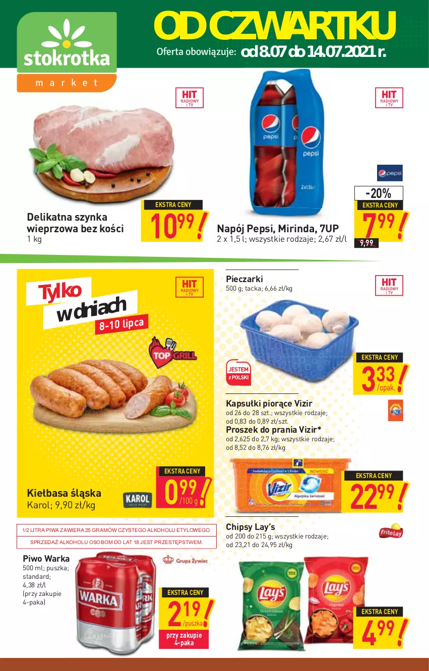 Gazetka promocyjna Stokrotka - Market - ważna 08.07 do 14.07.2021 - strona 1 - produkty: 7up, Chipsy, Gra, Kiełbasa, Kiełbasa śląska, Lay’s, Mirinda, Napój, Pepsi, Piec, Piwa, Piwo, Proszek do prania, Szynka, Szynka wieprzowa, Vizir, Warka