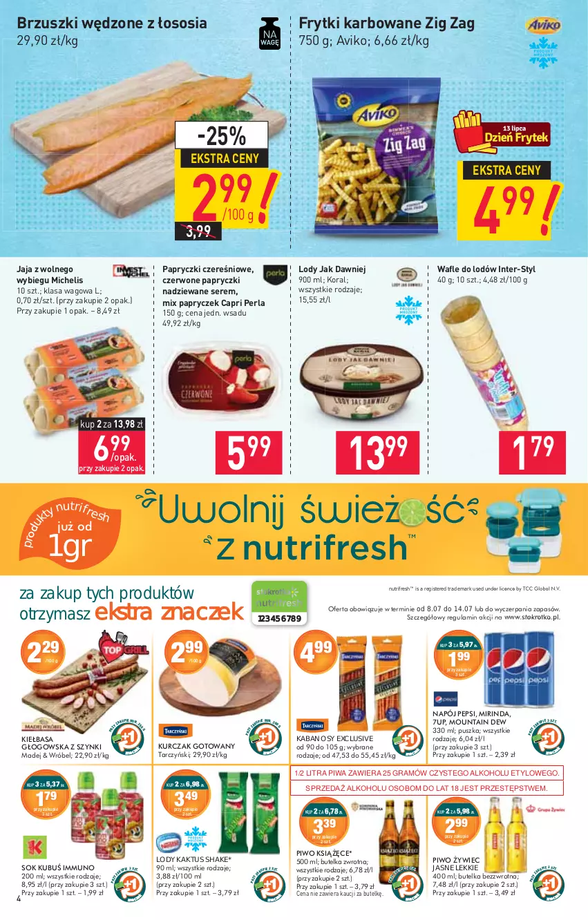 Gazetka promocyjna Stokrotka - Market - ważna 08.07 do 14.07.2021 - strona 4 - produkty: Frytki, Gra, Jaja, Jaja z wolnego wybiegu, Kabanos, Kaktus, Lody, Papryczki nadziewane, Piwa, Ser, Sos, Wafle, Wafle do lodów