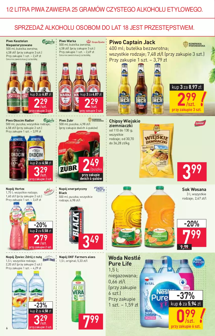 Gazetka promocyjna Stokrotka - Market - ważna 08.07 do 14.07.2021 - strona 6 - produkty: Captain Jack, Chipsy, Fa, Farmers Aloes, Gin, Gra, Hortex, Kasztelan, Koc, Lack, Napój, Napój energetyczny, Nestlé, Okocim, Piwa, Piwo, Pur, Radler, Sok, Warka, Woda, Wosana