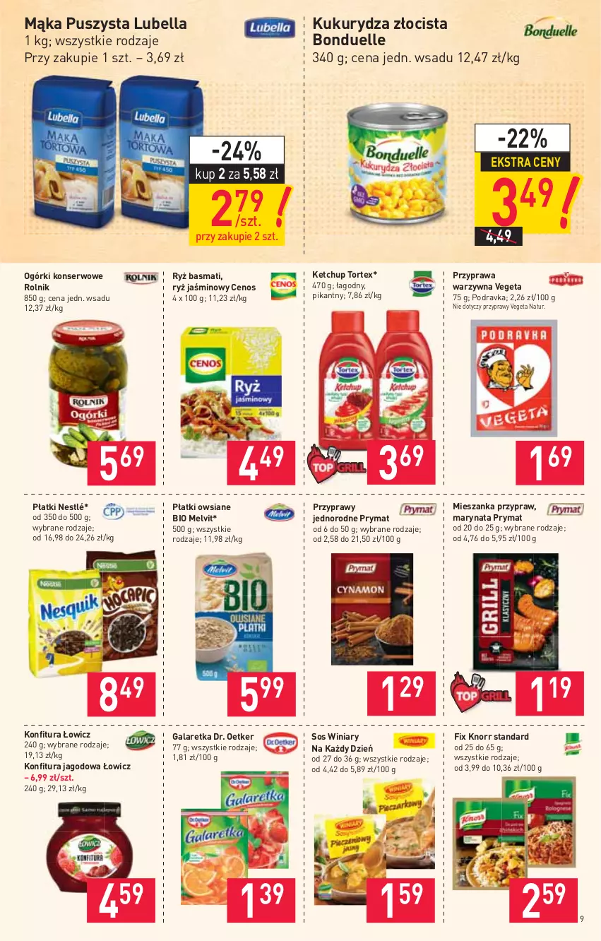 Gazetka promocyjna Stokrotka - Market - ważna 08.07 do 14.07.2021 - strona 9 - produkty: Bell, Bella, Bonduelle, Cenos, Dr. Oetker, Gala, Galaretka, Ketchup, Knorr, Konfitura, Kukurydza, Lubella, Mąka, Melvit, Nestlé, Ogórki konserwowe, Płatki owsiane, Podravka, Prymat, Przyprawy, Rolnik, Ryż, Ryż basmati, Ser, Sos, Vegeta, Vegeta Natur, Winiary