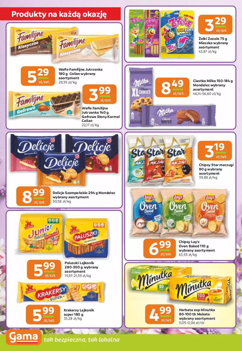 Gazetka promocyjna - Gazetka Gama - ważna 15.05 do 27.05.2025 - strona 4 - produkty: Chipsy, Ciastka, Delicje, Fa, Herbata, Jutrzenka, Krakersy, Lajkonik, Milka, Piec