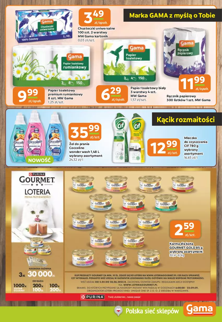 Gazetka promocyjna Gama - Gazetka Gama - ważna 15.05 do 27.05.2025 - strona 9 - produkty: Chusteczki, Cif, Coccolino, Gourmet Gold, Mleczko, Papier, Papier toaletowy, Ręcznik, Rum, Tonik