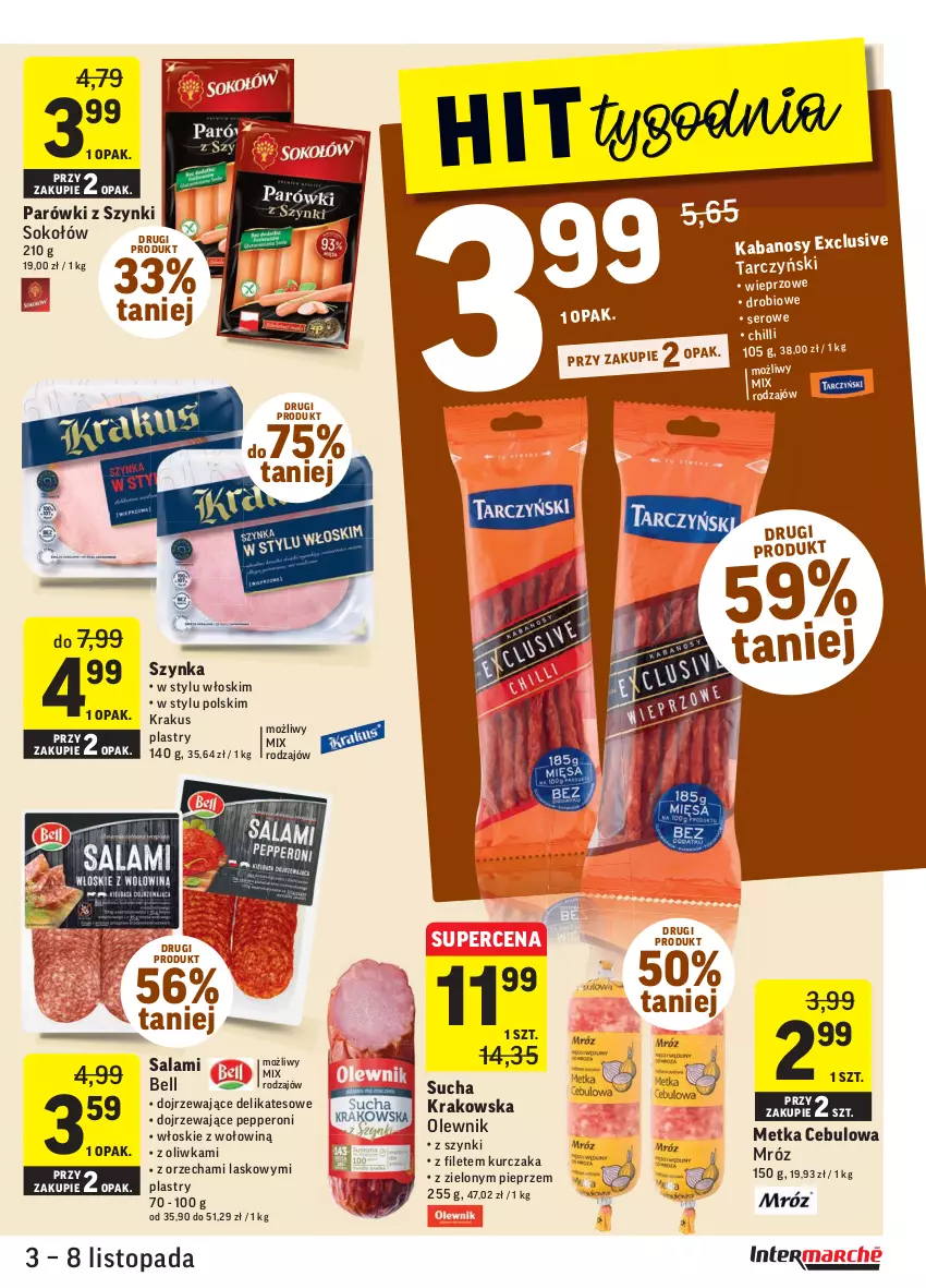 Gazetka promocyjna Intermarche - Gazetka promocyjna - ważna 03.11 do 08.11.2021 - strona 15 - produkty: Bell, Kabanos, Krakus, Kurczak, Olewnik, Parówki, Parówki z szynki, Pieprz, Salami, Sok, Sokołów, Szynka, Tarczyński, Top