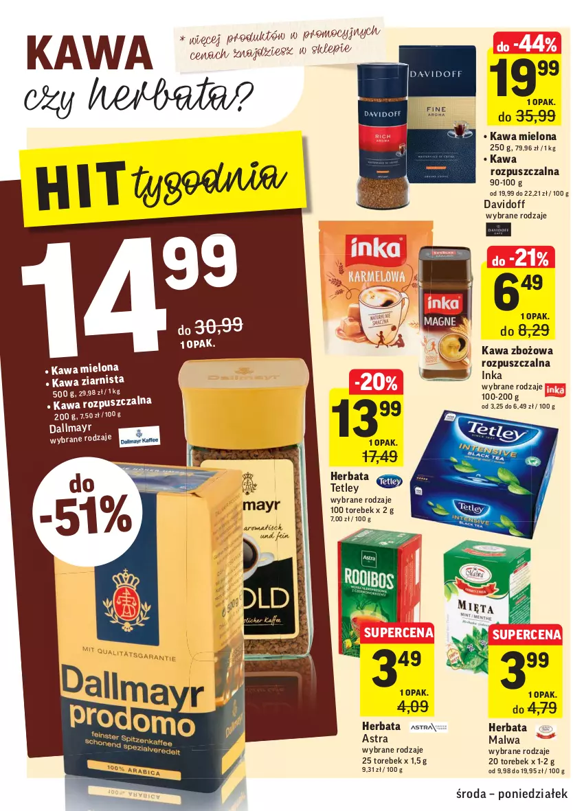 Gazetka promocyjna Intermarche - Gazetka promocyjna - ważna 03.11 do 08.11.2021 - strona 24 - produkty: Dallmayr, Davidoff, Herbata, Inka, Kawa, Kawa mielona, Kawa rozpuszczalna, Kawa zbożowa, Kawa ziarnista, Tetley