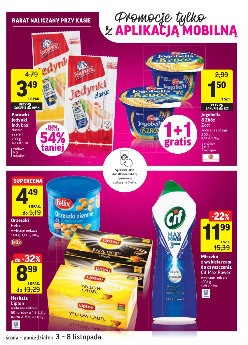 Gazetka promocyjna Intermarche - Gazetka promocyjna - ważna 03.11 do 08.11.2021 - strona 29 - produkty: Bell, Bella, Cif, Felix, Gra, Herbata, Jogobella, Lipton, Mleczko, Mobil, Orzeszki, Parówki, Ser, Top, Zott