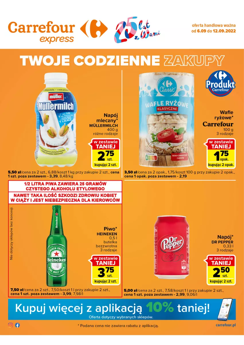 Gazetka promocyjna Carrefour - Gazetka Express - ważna 06.09 do 12.09.2022 - strona 1 - produkty: Heineken, Kosz, Napój, Piwo, Ryż, Wafle