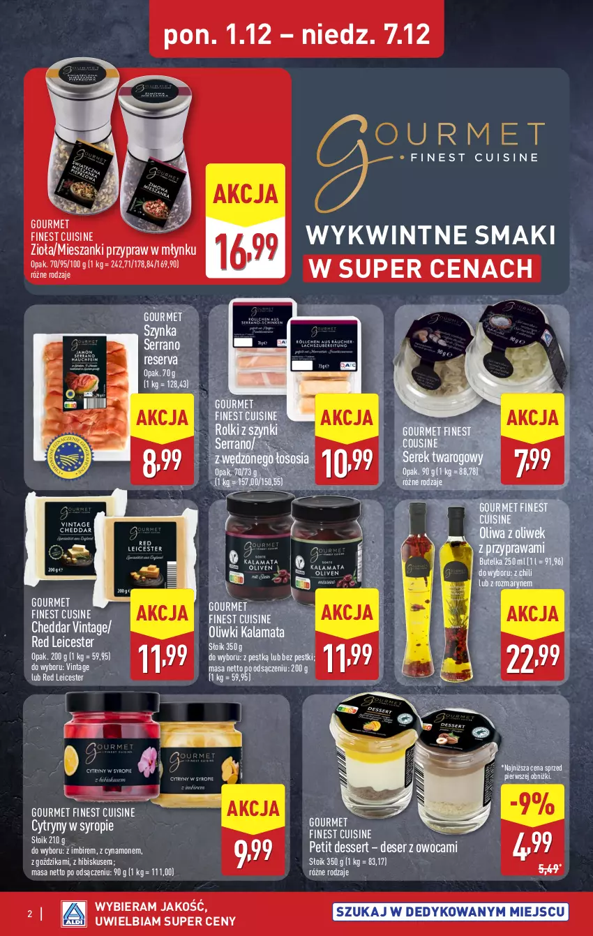 Gazetka promocyjna Aldi - Wykwintne smaki - ważna 01.12 do 07.12.2025 - strona 2 - produkty: Cheddar, Cytryny, Deser, Hibiskus, Imbir, Oliwa z oliwek, Oliwki, Petit dessert, Rolki, Ser, Serek, Serek twarogowy, Sos, Syrop, Szynka