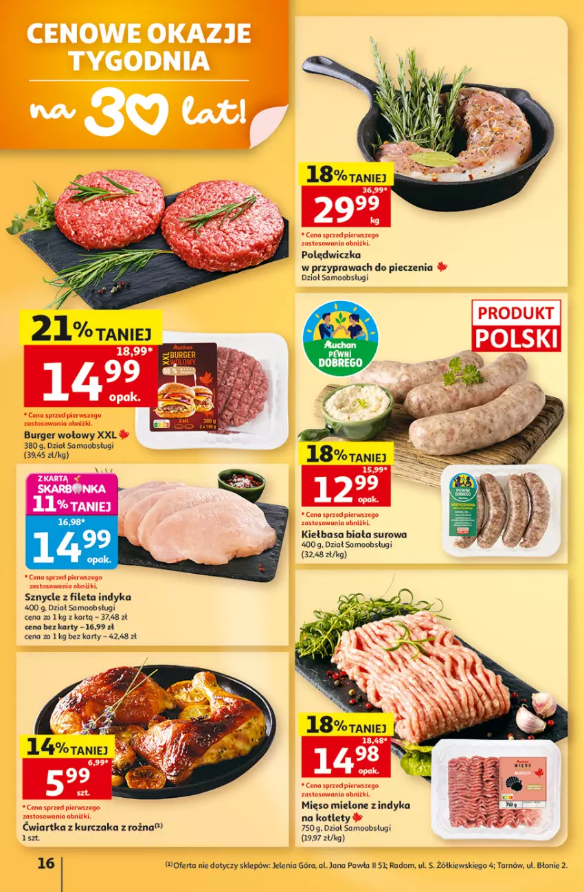 Gazetka promocyjna Auchan - Gazetka 30 Lat Hipermarket Auchan - ważna 03.09 do 09.09.2026 - strona 16 - produkty: Burger, Kiełbasa, Kiełbasa biała, Kurczak, Piec