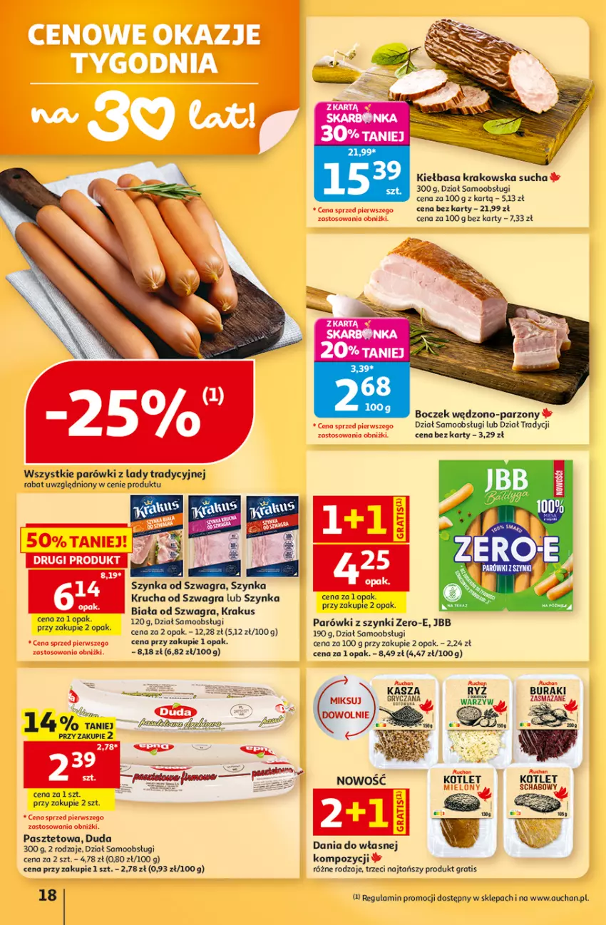 Gazetka promocyjna Auchan - Gazetka 30 Lat Hipermarket Auchan - ważna 03.09 do 09.09.2026 - strona 18 - produkty: Boczek, Duda, Fa, Gra, Kiełbasa, Kiełbasa krakowska, Krakus, Parówki, Parówki z szynki, Pasztet, Ryż, Szynka, Tera