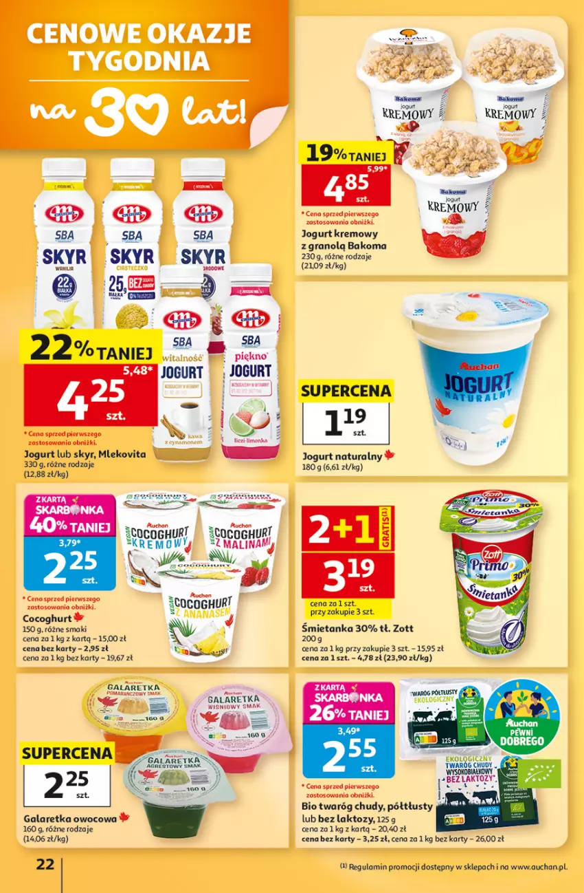 Gazetka promocyjna Auchan - Gazetka 30 Lat Hipermarket Auchan - ważna 03.09 do 09.09.2026 - strona 22 - produkty: Bakoma, Gala, Galaretka, Gra, Jogurt, Jogurt naturalny, Mleko, Mlekovita, Twaróg, Twaróg chudy, Zott