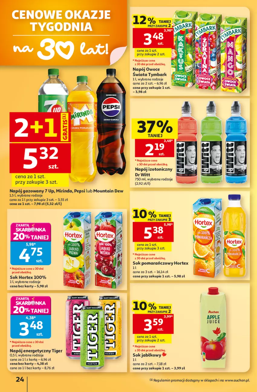 Gazetka promocyjna Auchan - Gazetka 30 Lat Hipermarket Auchan - ważna 03.09 do 09.09.2026 - strona 24 - produkty: Hortex, Mirinda, Napój, Napój energetyczny, Napój gazowany, Napój izotoniczny, Owoce, Pepsi, Sok, Sok jabłkowy, Sok pomarańczowy, Tiger, Tymbark