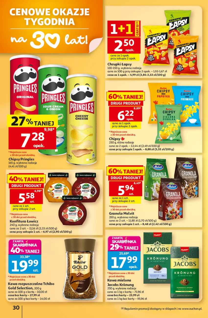 Gazetka promocyjna Auchan - Gazetka 30 Lat Hipermarket Auchan - ważna 03.09 do 09.09.2026 - strona 30 - produkty: Chipsy, Chrupki, Gin, Gra, Granola, Jacobs, Kawa, Kawa mielona, Kawa rozpuszczalna, Konfitura, Melvit, Papryka, Pringles, Tchibo
