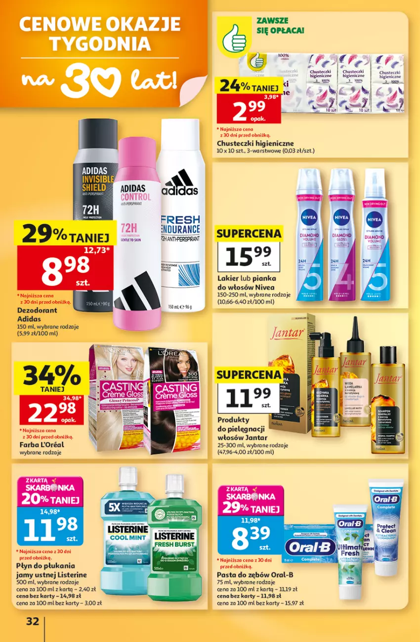 Gazetka promocyjna Auchan - Gazetka 30 Lat Hipermarket Auchan - ważna 03.09 do 09.09.2026 - strona 32 - produkty: Adidas, Chusteczki, Control, Dezodorant, Fa, HP, Lakier, Listerine, Nivea, Pianka do włosów, Płyn do płukania