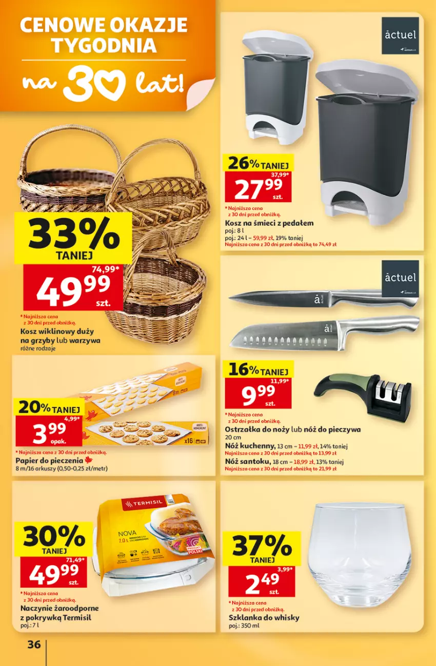 Gazetka promocyjna Auchan - Gazetka 30 Lat Hipermarket Auchan - ważna 03.09 do 09.09.2026 - strona 36 - produkty: Grzyby, Kosz, Noż, Ostrzałka do noży, Papier, Papier do pieczenia, Piec, Por, Szklanka, Warzywa, Whisky