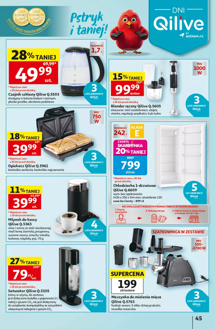 Gazetka promocyjna Auchan - Gazetka 30 Lat Hipermarket Auchan - ważna 03.09 do 09.09.2026 - strona 45 - produkty: Blender, Blender ręczny, Chłodziarka, Czajnik, Drzwi, Grzałka, Maszynka, Maszynka do mielenia, Miarka, Migdały, Młynek, Młynek do kawy, Orzechy włoskie, Owoce, Przyprawy, Rozdrabniacz, Silan, Szynka