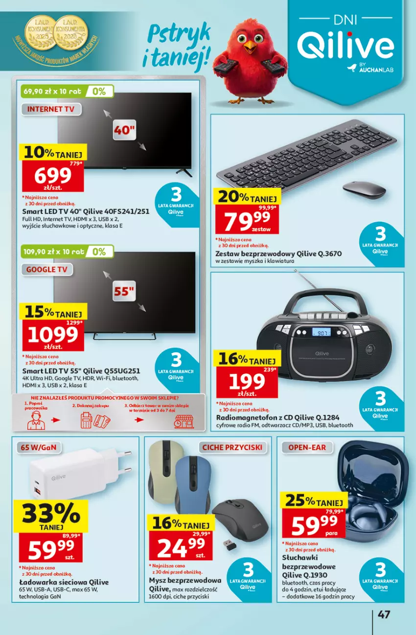 Gazetka promocyjna Auchan - Gazetka 30 Lat Hipermarket Auchan - ważna 03.09 do 09.09.2026 - strona 47 - produkty: Klawiatura, LED TV, Mysz, Mysz bezprzewodowa, Słuchawki, Słuchawki bezprzewodowe, Warka