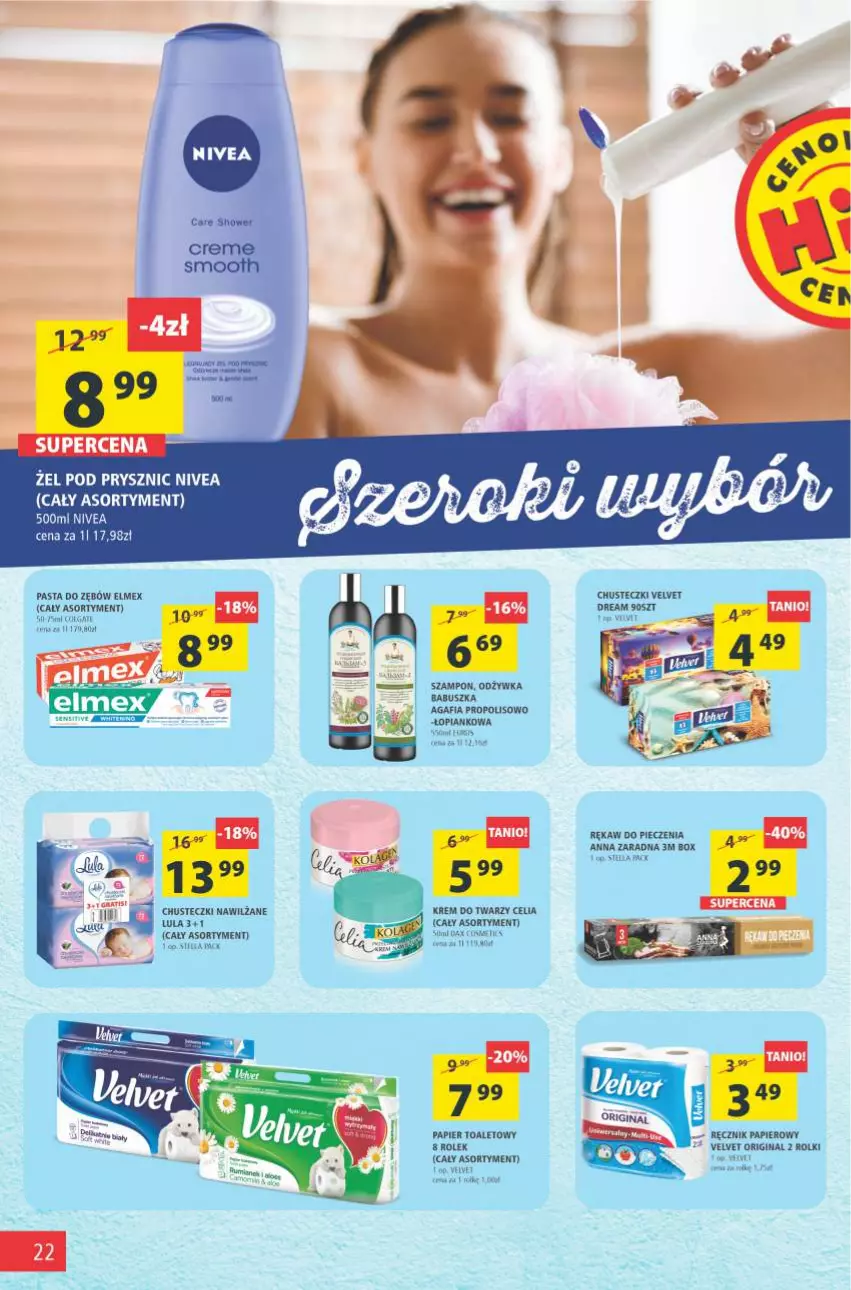 Gazetka promocyjna Arhelan - Gazetka - ważna 10.09 do 19.09.2021 - strona 22 - produkty: Chusteczki, Elmex, Gin, Krem do twarzy, Nivea, Odżywka, Papier, Papier toaletowy, Pasta do zębów, Piec, Propolis, Ręcznik, Rękaw do pieczenia, Rolki, Szampon, Tran, Velvet