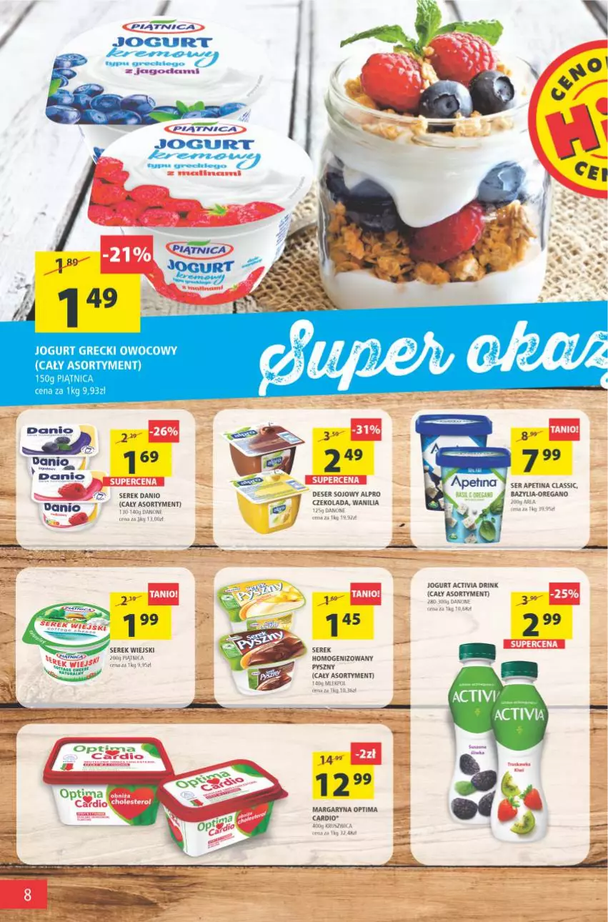 Gazetka promocyjna Arhelan - Gazetka - ważna 10.09 do 19.09.2021 - strona 8 - produkty: Activia, Alpro, Bazyl, Bazylia, Czekolada, Danio, Danone, Deser, Feta, Jogurt, Margaryna, Optima, Piątnica, Ser, Serek, Serek wiejski