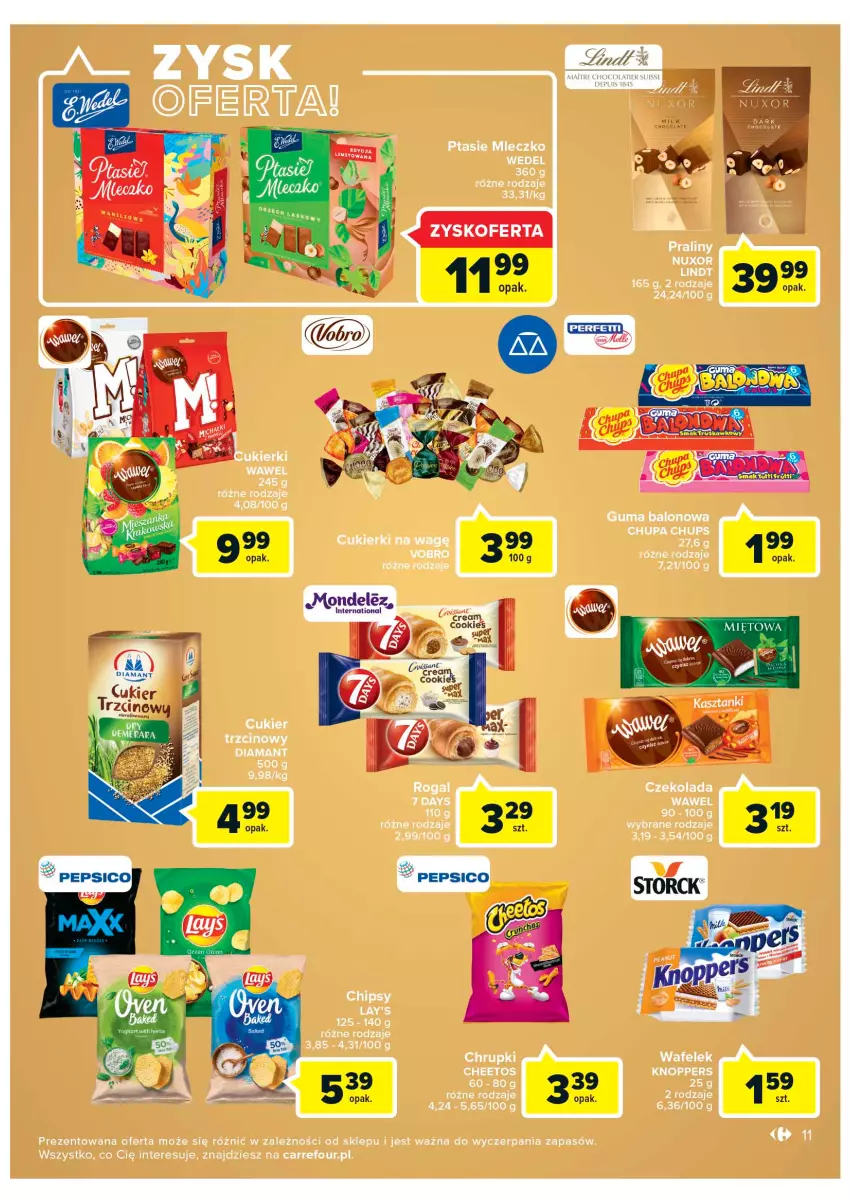 Gazetka promocyjna Carrefour - Gazetka Market Zyskoteka - ważna 18.10 do 22.10.2022 - strona 11 - produkty: Cheetos, Chipsy, Chupa Chups, Cukier, Cukier trzcinowy, Czekolada, Diamant, Knoppers, Mleczko, Ptasie mleczko, Rogal, Wafelek, Wawel