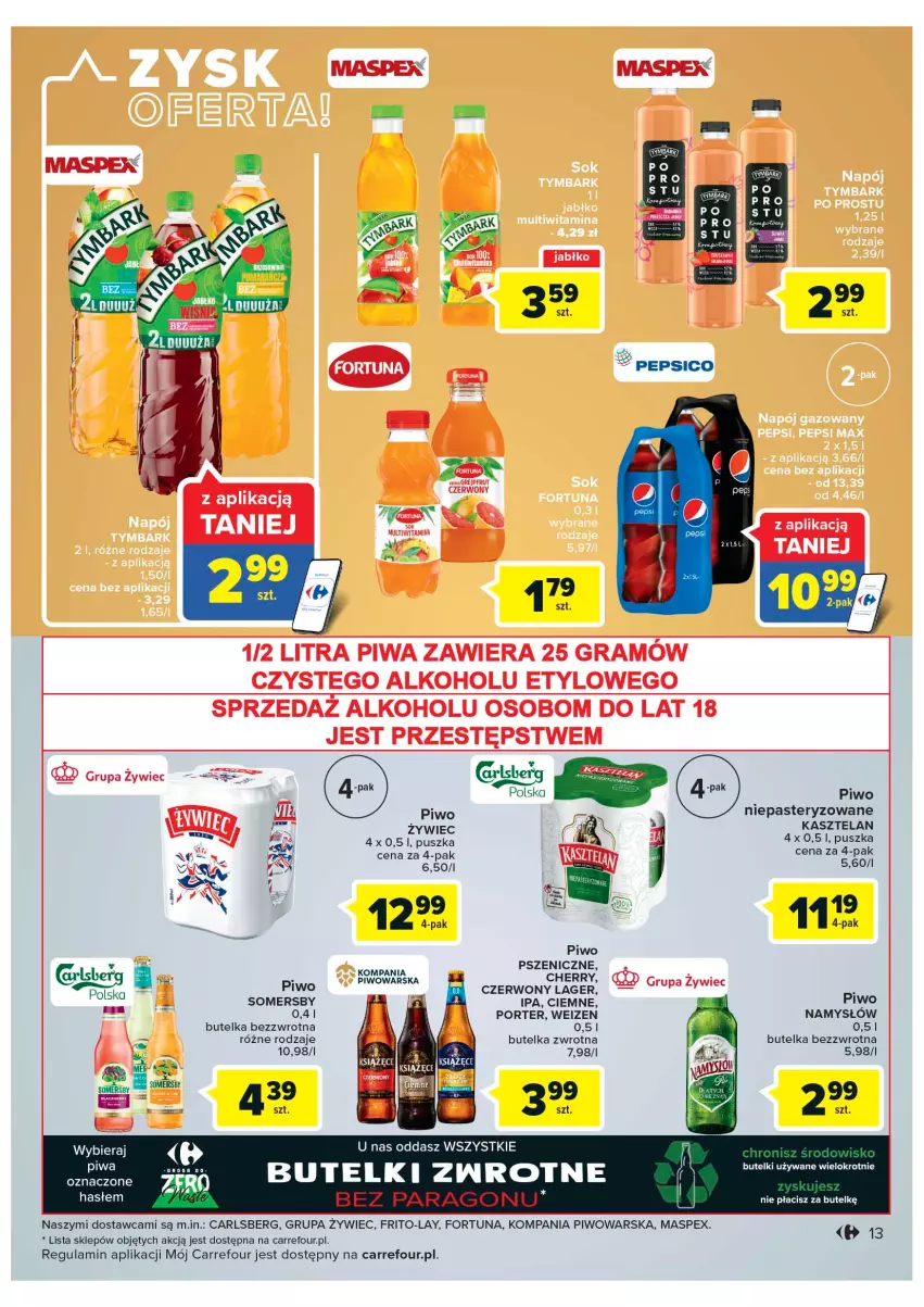 Gazetka promocyjna Carrefour - Gazetka Market Zyskoteka - ważna 18.10 do 22.10.2022 - strona 13 - produkty: Carlsberg, Dada, Fortuna, Gra, Kasztelan, Namysłów, Pepsi, Piwa, Piwo, Por, Somersby