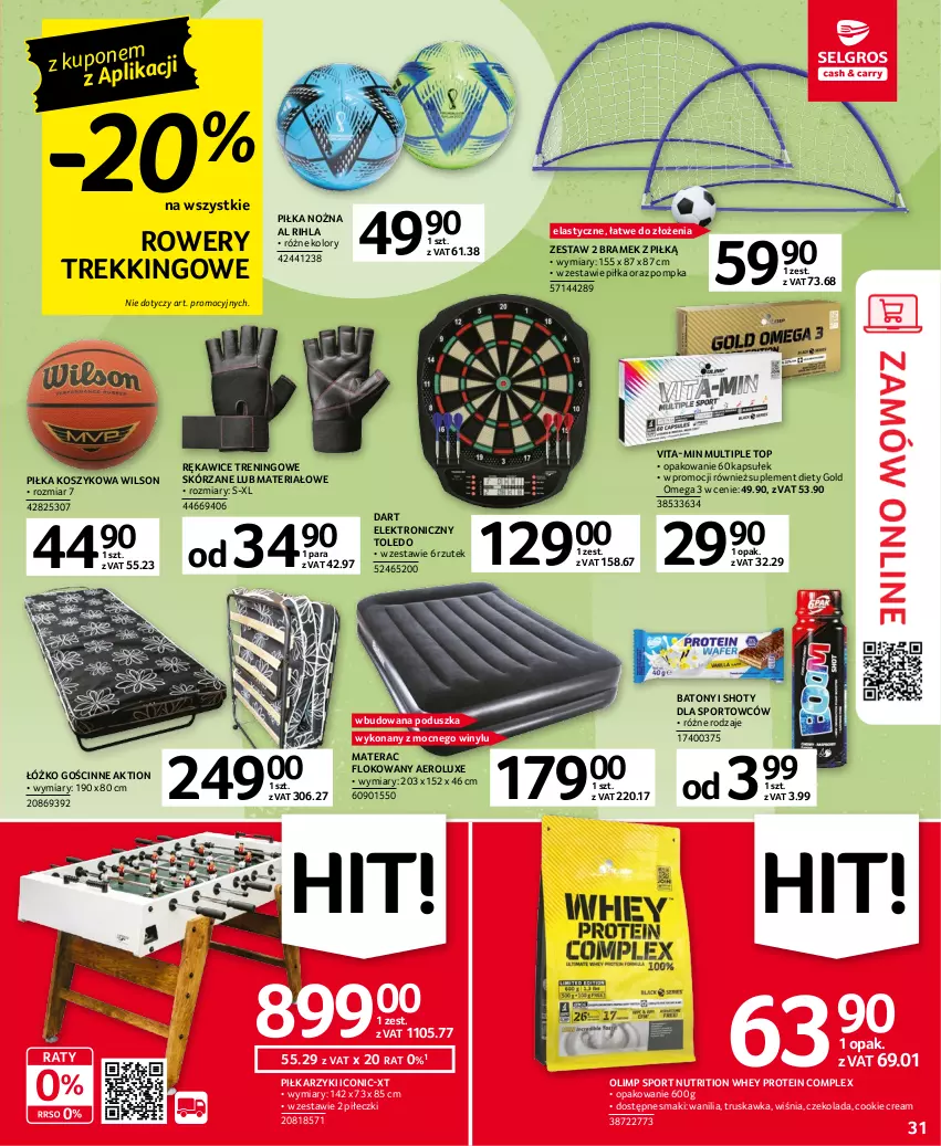 Gazetka promocyjna Selgros - Oferta przemysłowa - ważna 16.03 do 29.03.2023 - strona 31 - produkty: Baton, Czekolada, Dart elektroniczny, Kosz, Materac, Noż, Piłka nożna, Piłkarzyki, Poduszka, Pompka, Por, Rękawice, Rower, Sport, Suplement diety, Tera, Top, Vita-Min, Wilson