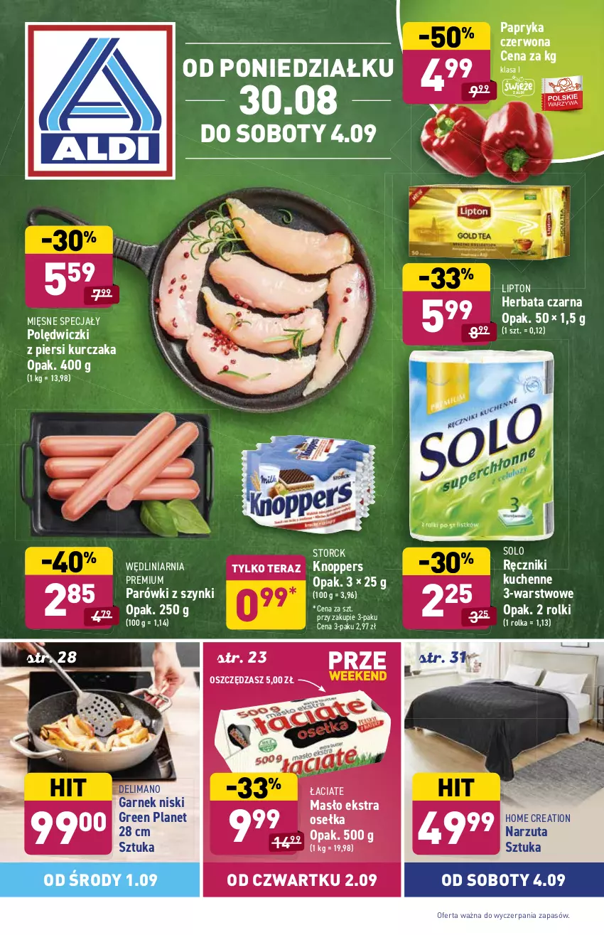 Gazetka promocyjna Aldi - ważna 30.08 do 04.09.2021 - strona 1 - produkty: Garnek, Herbata, Herbata czarna, Knoppers, Kurczak, Lipton, Masło, Mięsne specjały, Narzuta, Papryka, Papryka czerwona, Parówki, Parówki z szynki, Ręcznik, Rolki, Tera