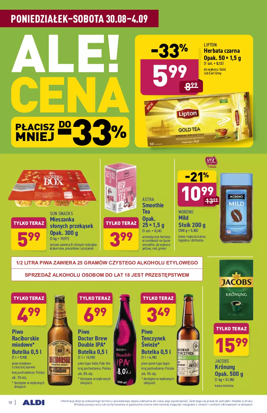 Gazetka promocyjna Aldi - ważna 30.08 do 04.09.2021 - strona 18 - produkty: Earl Grey, Gra, Herbata, Herbata czarna, Jacobs, Jacobs Krönung, Kawa, Kawa mielona, Kawa rozpuszczalna, Lipton, Piwa, Piwo, Piwo jasne, Smoothie, Tera, Torebka