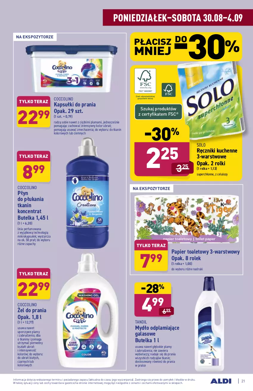 Gazetka promocyjna Aldi - ważna 30.08 do 04.09.2021 - strona 21 - produkty: Coccolino, Gala, Kapsułki do prania, Mydło, Okap, Papier, Papier toaletowy, Perfum, Płyn do płukania, Por, Ręcznik, Rolki, Tera