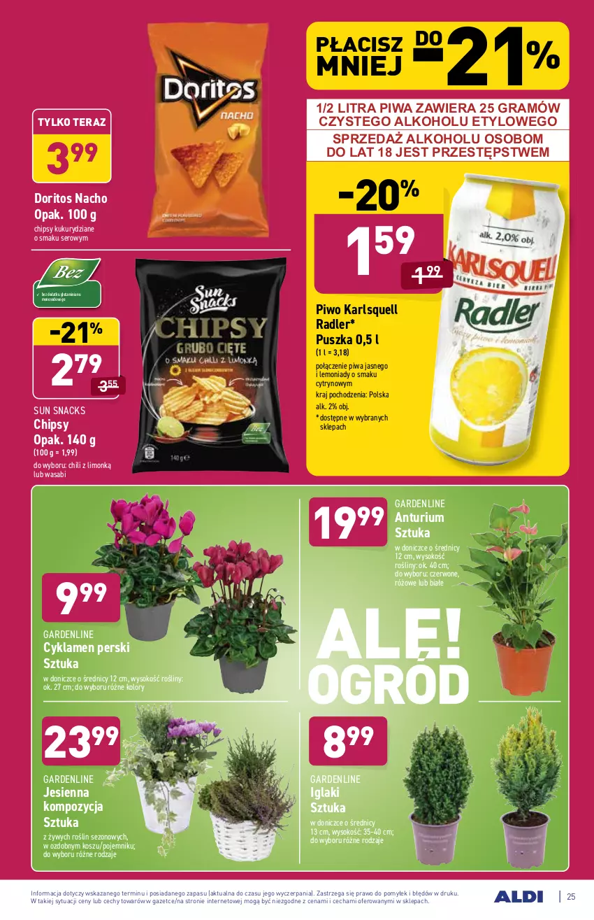 Gazetka promocyjna Aldi - ważna 30.08 do 04.09.2021 - strona 25 - produkty: Chipsy, Cyklamen, Gra, Karlsquell, Kosz, Piwa, Piwo, Pojemnik, Radler, Ser, Sok, Tera, Wasa