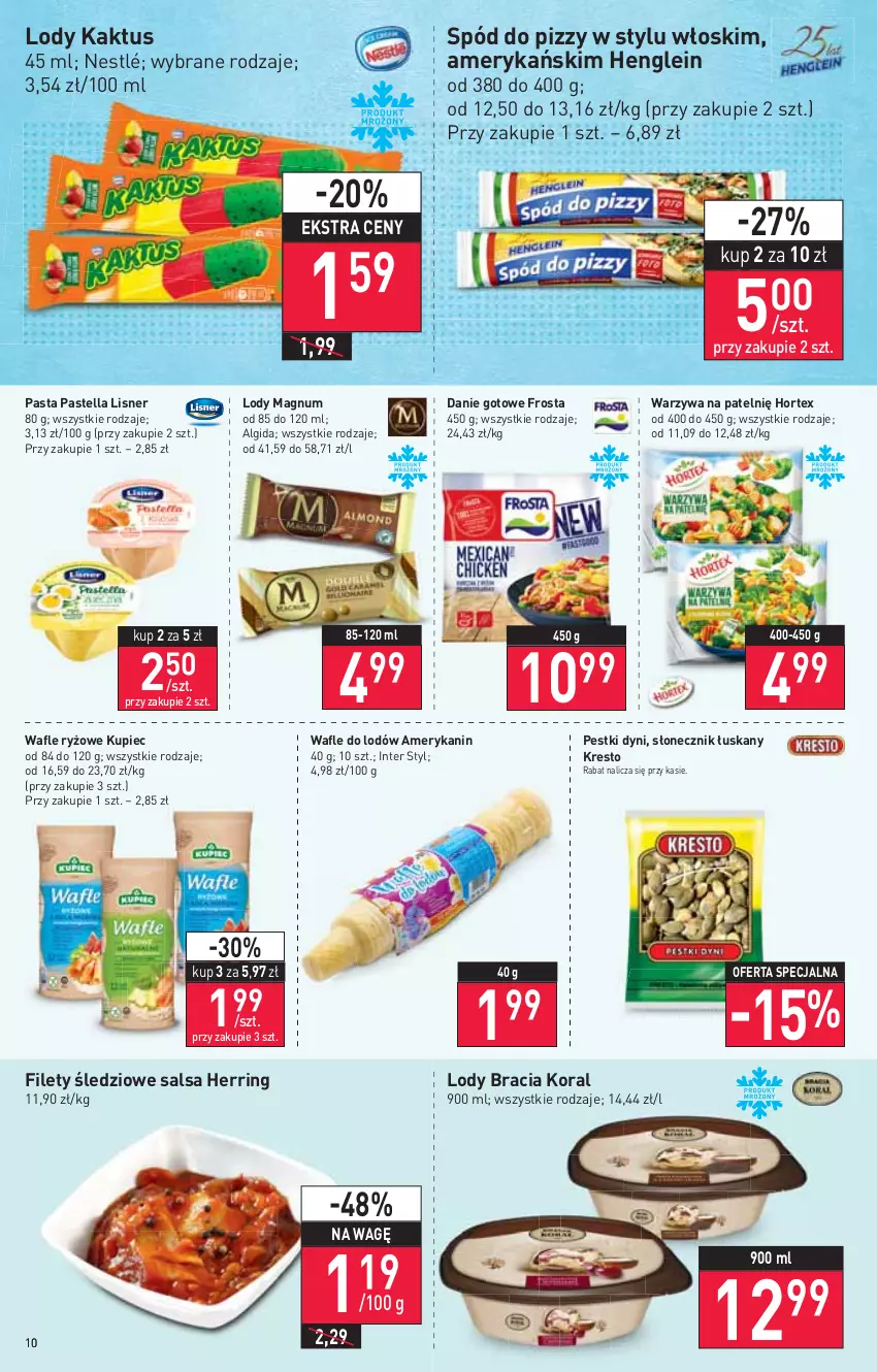 Gazetka promocyjna Stokrotka - Supermarket - ważna 18.08 do 24.08.2022 - strona 10 - produkty: Algida, Danie gotowe, Frosta, Hortex, Kaktus, Kupiec, LG, Lisner, Lody, Nestlé, Pastella, Pestki dyni, Piec, Ryż, Salsa, Spód do pizzy, Wafle, Wafle do lodów, Warzywa