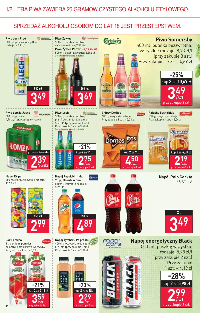 Gazetka promocyjna Stokrotka - Supermarket - ważna 18.08 do 24.08.2022 - strona 12 - produkty: Beskidzki, Chipsy, Fortuna, Gra, Lack, Mirinda, Napój, Napój energetyczny, Pepsi, Piwa, Piwo, Por, Sok, Somersby, Tymbark