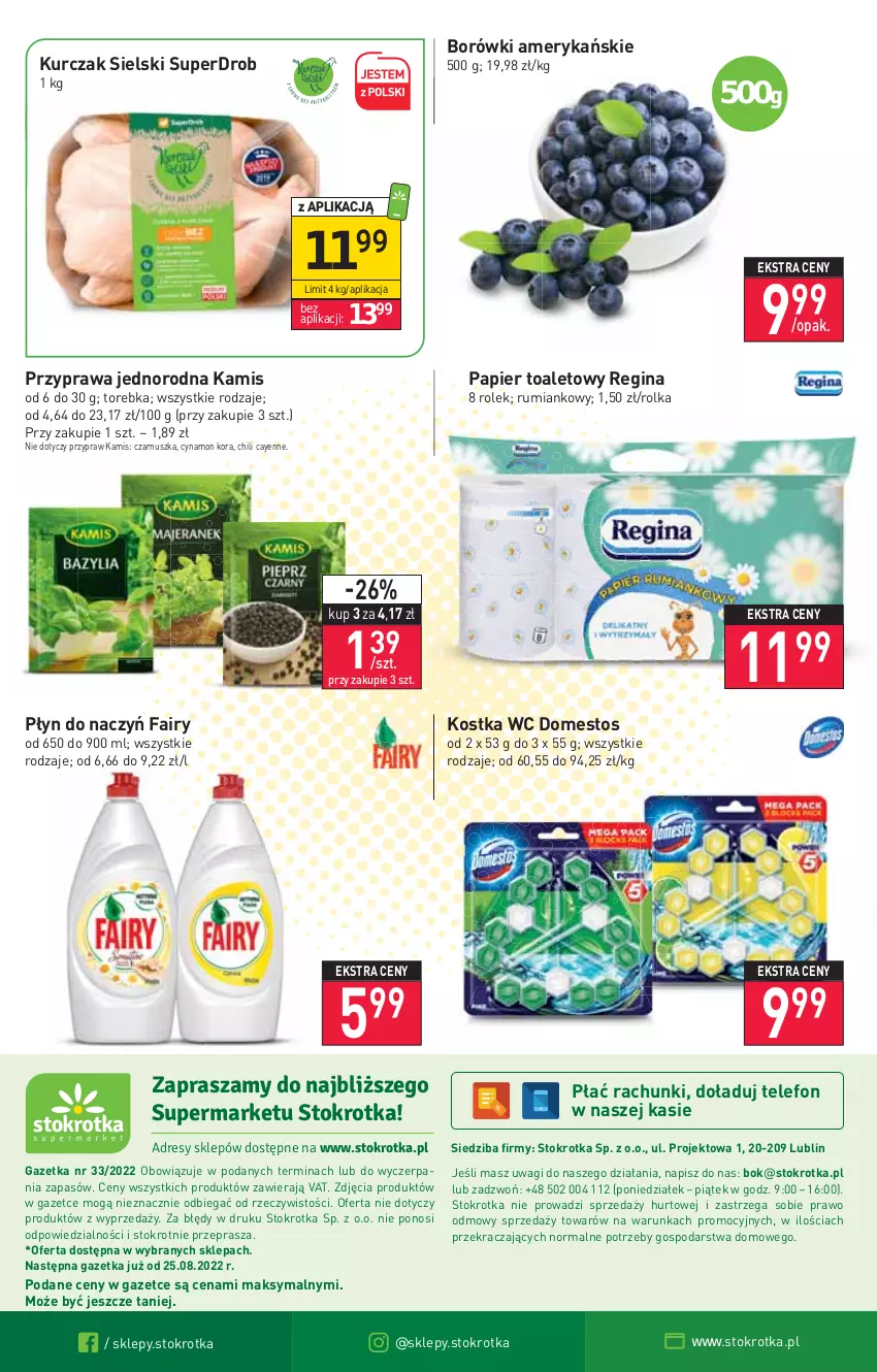 Gazetka promocyjna Stokrotka - Supermarket - ważna 18.08 do 24.08.2022 - strona 16 - produkty: Domestos, Fa, Fairy, Gin, Kamis, Kurczak, O nas, Papier, Papier toaletowy, Rum, Telefon, Torebka, Wagi