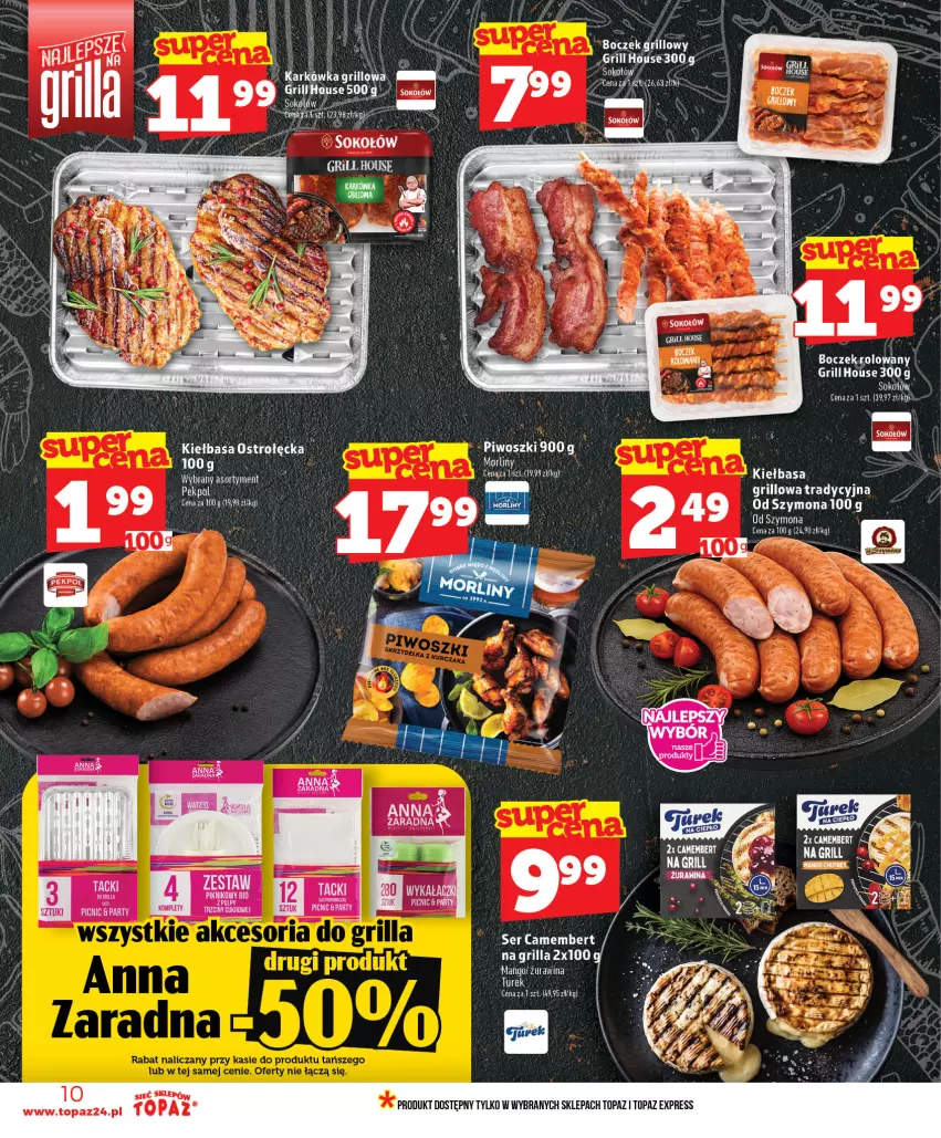 Gazetka promocyjna Topaz - Gazetka - ważna 01.07 do 16.07.2026 - strona 10 - produkty: Boczek, Camembert, Grill, Kiełbasa, LG, Morliny, Piwo, Ser, Sok, Sokołów, Top