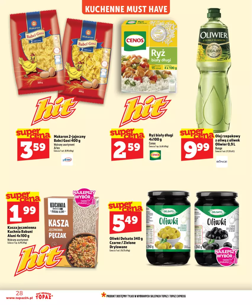 Gazetka promocyjna Topaz - Gazetka - ważna 01.07 do 16.07.2026 - strona 28 - produkty: Babuni, Kasza, Kasza jęczmienna, Kuchnia, Makaron, Mus, Olej, Olej rzepakowy, Oliwki, Ryż, Ryż biały, Top