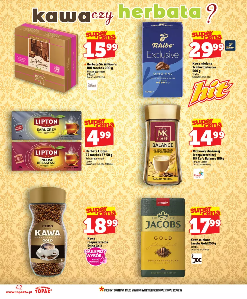 Gazetka promocyjna Topaz - Gazetka - ważna 01.07 do 16.07.2026 - strona 42 - produkty: Earl Grey, Fa, Gin, Herbata, Iams, Jacobs, Kawa, Kawa mielona, Kawa rozpuszczalna, Lipton, Tchibo, Top