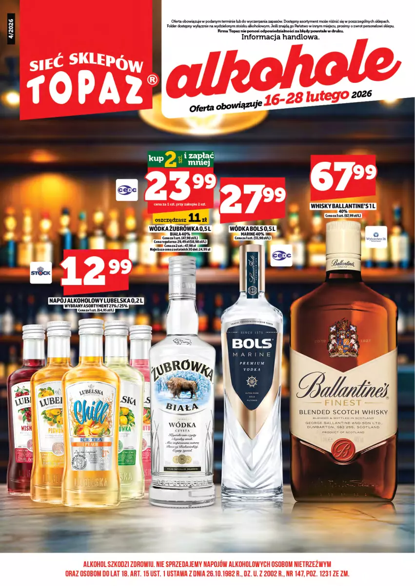 Gazetka promocyjna Topaz - Gazetka - ważna 16.02 do 26.02.2026 - strona 3 - produkty: Ballantine's, Bols, Mus, Napój, Top, Whisky, Wódka, Wyborowa
