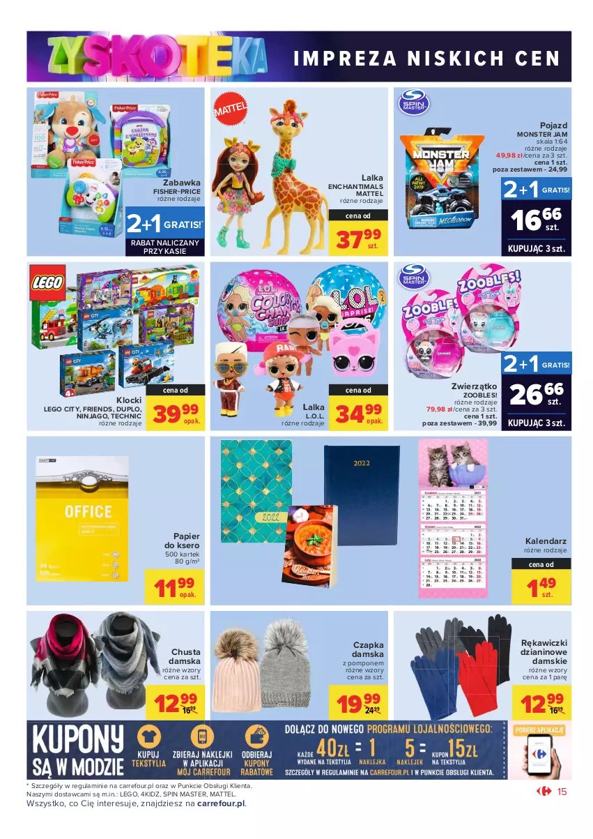 Gazetka promocyjna Carrefour - Gazetka Market Zyskoteka - ważna 05.10 do 09.10.2021 - strona 15 - produkty: Chusta, Czapka, Enchantimals, Fisher-Price, Gra, Kalendarz, Klocki, L.O.L., Lalka, LEGO, LEGO City, Mattel, Papier, Papier do ksero, Pojazd, Ser, Zabawka