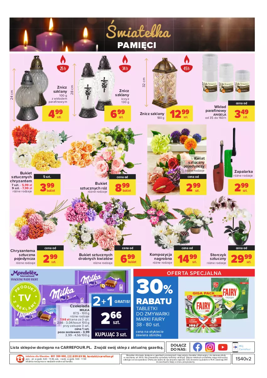 Gazetka promocyjna Carrefour - Gazetka Market Zyskoteka - ważna 05.10 do 09.10.2021 - strona 19 - produkty: Bukiet, Chryzantema, Czekolada, Fa, Fairy, Gra, Kosz, Milka, O nas, Storczyk, Tablet, Tabletki do zmywarki, Zapalarka, Zmywarki, Znicz