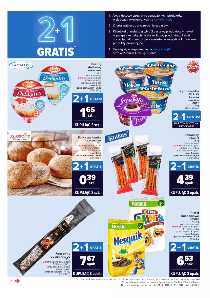 Gazetka promocyjna Carrefour - Gazetka Market Zyskoteka - ważna 05.10 do 09.10.2021 - strona 2 - produkty: Belriso, Bułka, Bułka grahamka, Danio, Gra, Kabanos, Kosz, Krakus, Nestlé, Por, Président, Ryż, Ryż na mleku, Smakija, Twaróg, Twaróg delikatny, Zott