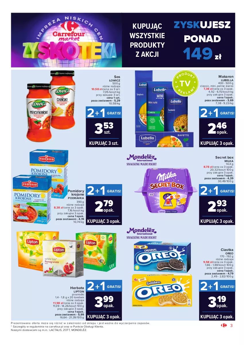 Gazetka promocyjna Carrefour - Gazetka Market Zyskoteka - ważna 05.10 do 09.10.2021 - strona 3 - produkty: Bell, Bella, Ciastka, Gra, Herbata, Kosz, Lipton, Lubella, Makaron, Milka, Oreo, Podravka, Pomidory, Pomidory krojone, Sos, Zott